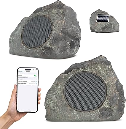 Homewell Solar Rock Speakers - Outdoor Waterproof Speakers Bluetooth Wireless - Weatherproof Landscape Speakers for Pool, Patio, Deck, Backyard, Garden - Year Round Out Door Speakers (2-Pack, Grey)