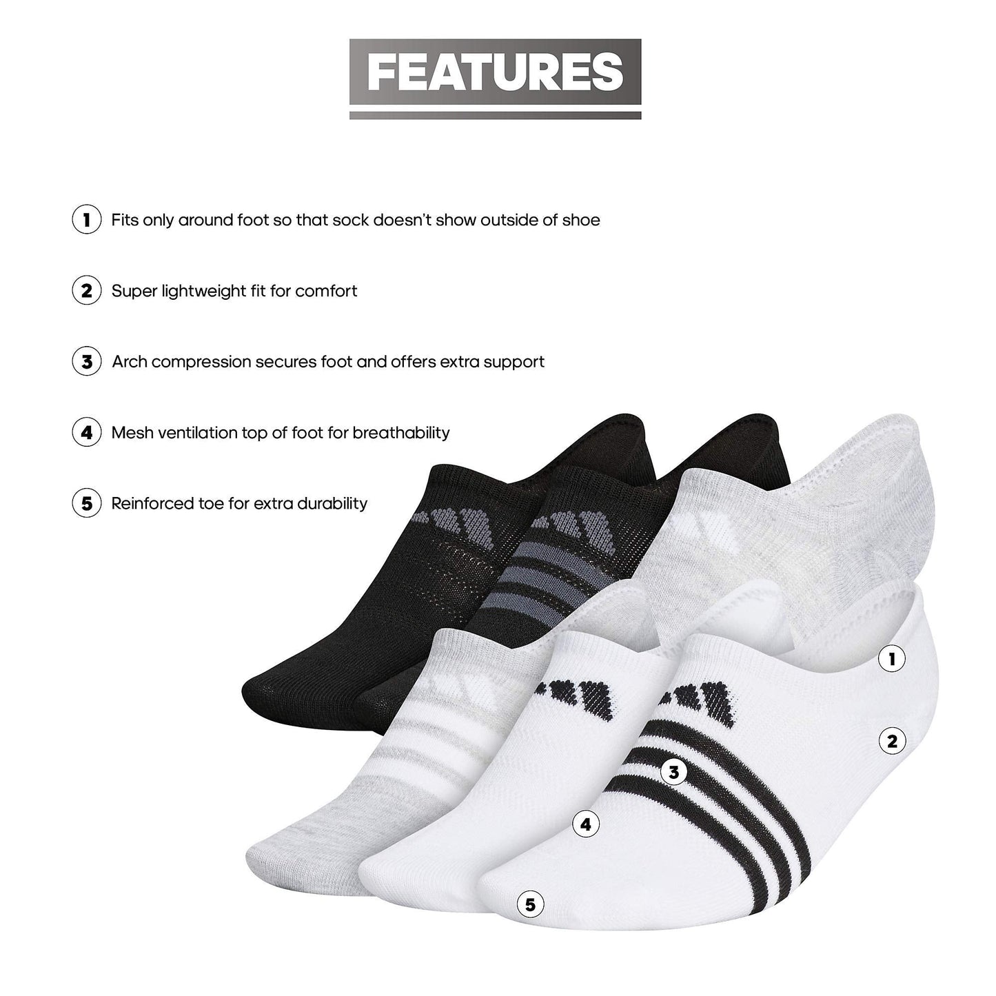 adidas Women's Superlite Super No Show Socks (6-pair), White/Cool Light Heather/Black, Medium