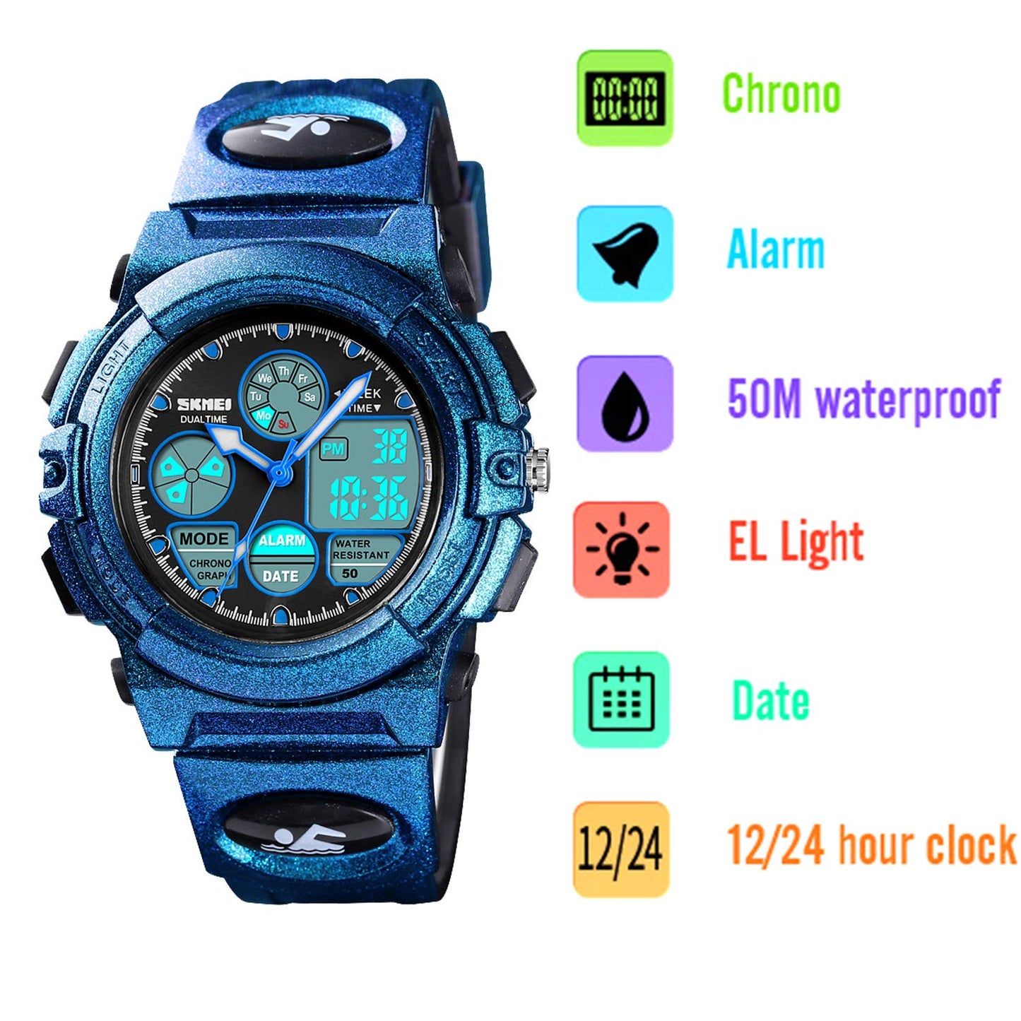 Boys Digital Watch Outdoor Sports 50M Waterproof Electronic Watches - Blue