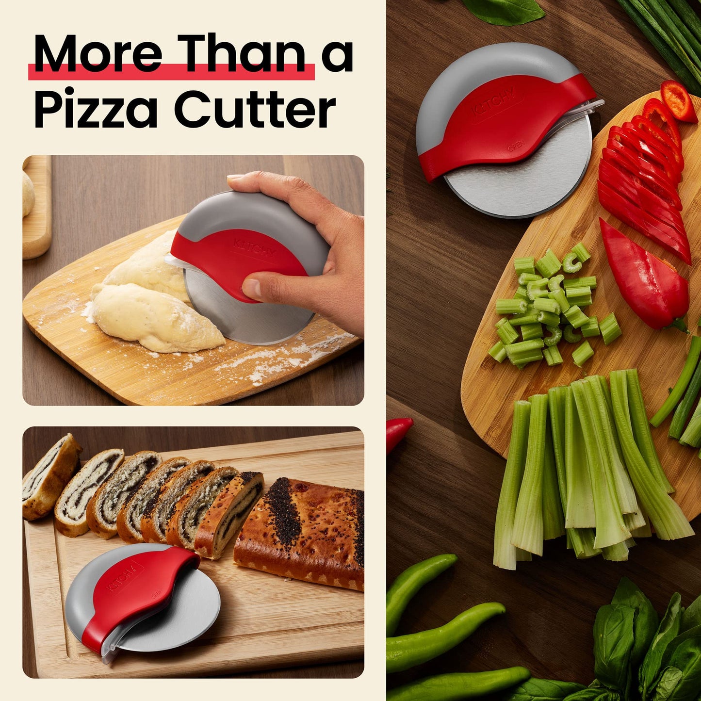Kitchy Pizza Cutter Wheel w/ Protective Blade Cover, Ergonomic Pizza Slicer, Red