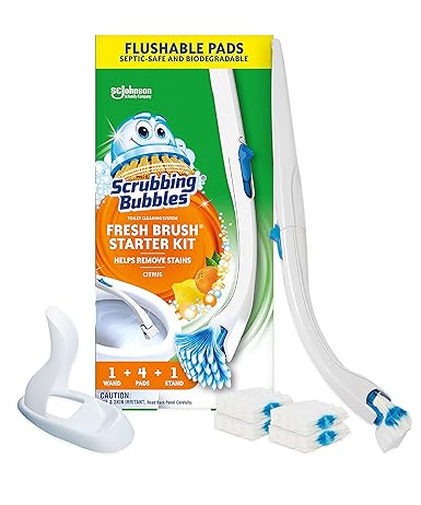 Scrubbing Bubbles Toilet Bowl Brush and Holder with Toilet Cleaner Refill Pads, Fresh Brush Toilet Wand Starter Kit, Cleans Limescale & Fights Odors, Citrus Scent, 1 Toilet Wand + 4 Refills + 1 Stand