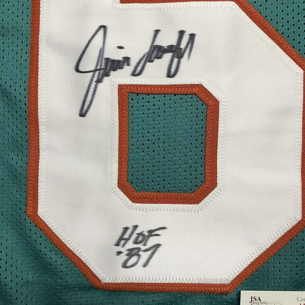 Framed Autographed/Signed Jim Langer HOF 87 35x39 Miami Dolphins Teal Football Jersey JSA COA