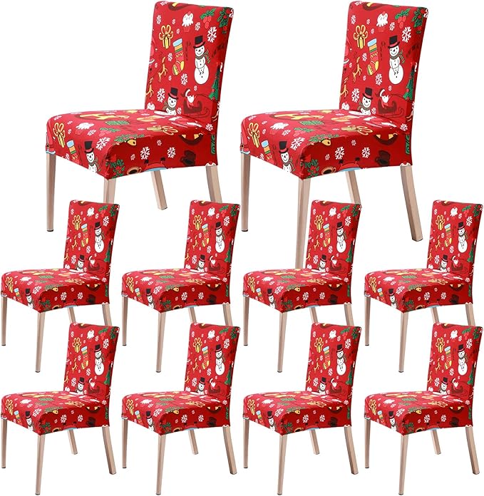 10 Pcs Christmas Chair Covers Set Xmas Dining Room Stretch Slipcovers Santa Snowman Removable Chair Seat Cover Washable Dining Chair Protectors Covers Christmas Chair Decorations for Home Kitchen