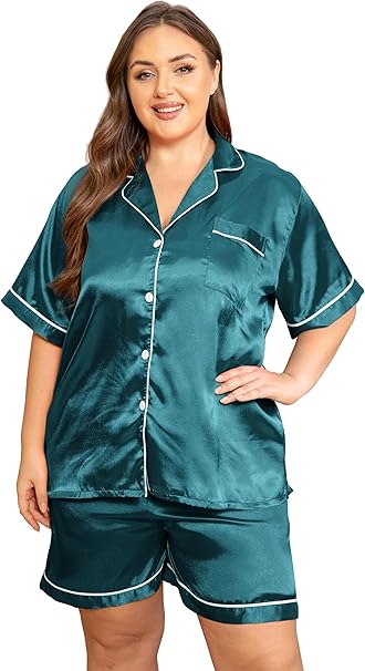 Vozanet Women's Short Sleeve Satin Pajama Sets Silky Ladies Button Down Loungewear Plus Size Nighty Shorts Sets XL to 5XL