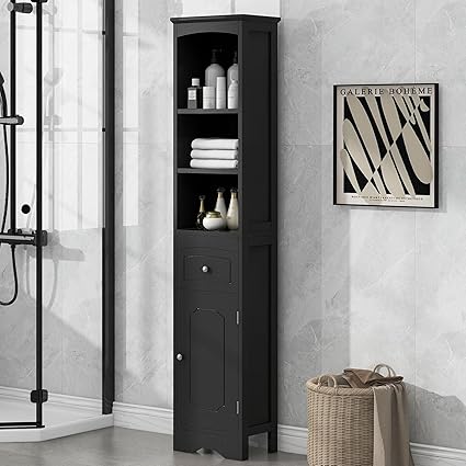 66.9'' Tall Bathroom Cabinet - Freestanding Storage Cabinet w/Drawer & Adjustable Shelf - MDF Board (Black+ Medium Density Fiberboard)