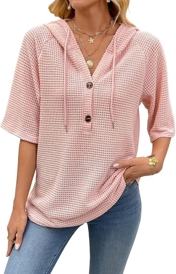 Women's Short Sleeve Tops Waffle Knit Hoodies Drawstring Button V Neck Casual Blouses Shirts Spring Summer Outfits