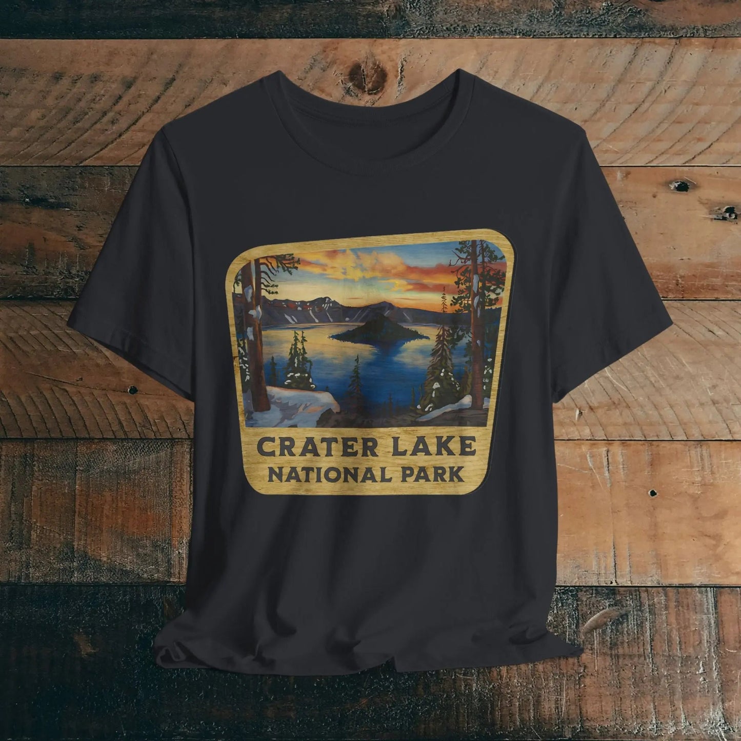 Crater Lake National Park Unisex Fit Short Sleeve T-Shirt Wood Sign