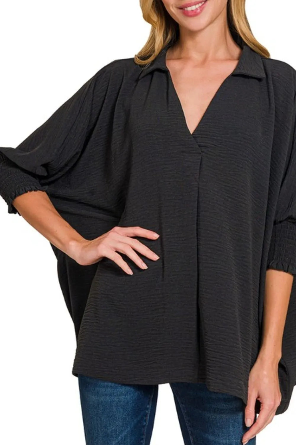 Zenana Airflow Collar Tee with Smocked Sleeve Band Top