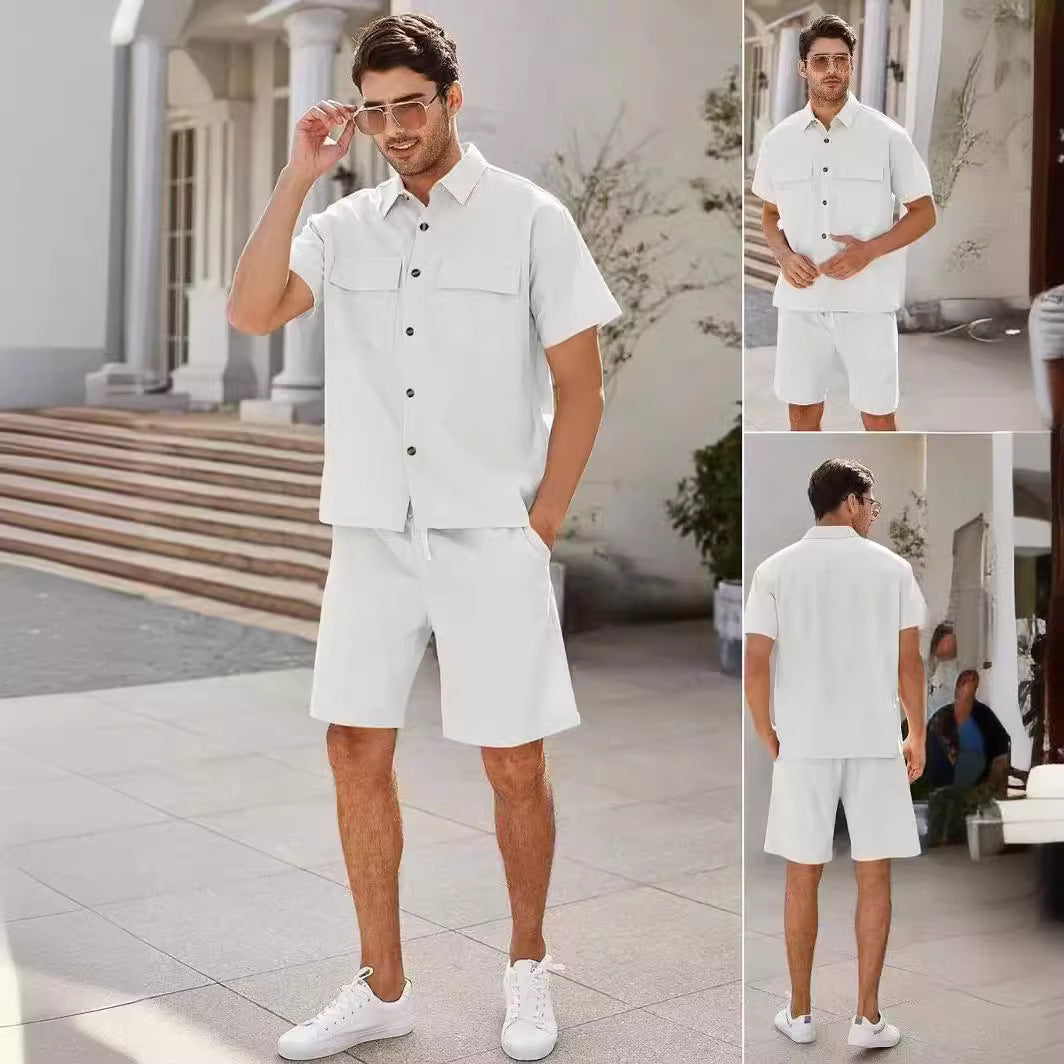 Men's Cotton Linen Two-Piece Summer Set - Short Sleeve Shirt & Shorts