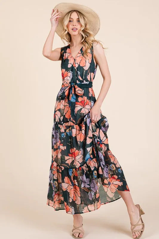 Lime 'N' Chili Floral Print Sleeveless Tie Waist Maxi Dress