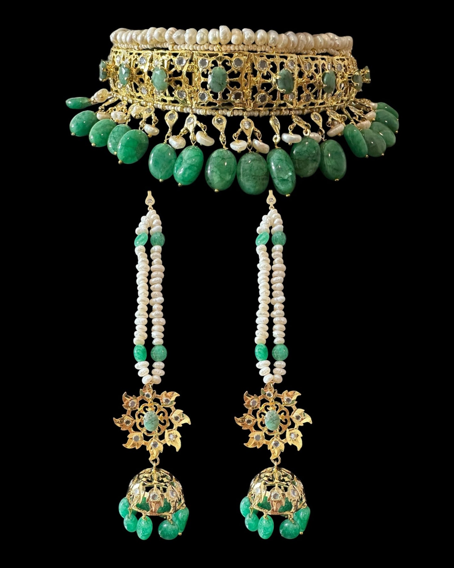 BR482 Insia Hyderabadi bridal set in emeralds with fresh water pearls ( READY TO SHIP )