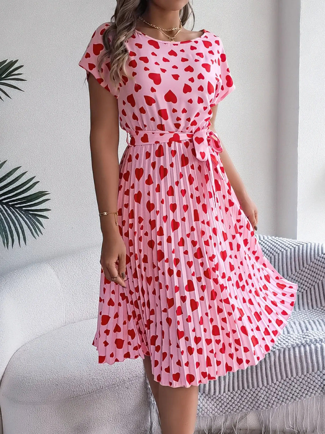 Heart Print Short Sleeve Tie Waist Dress