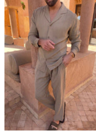 Men's Cotton Long Sleeve Lapel Shirt & Slim Fit Pants Set