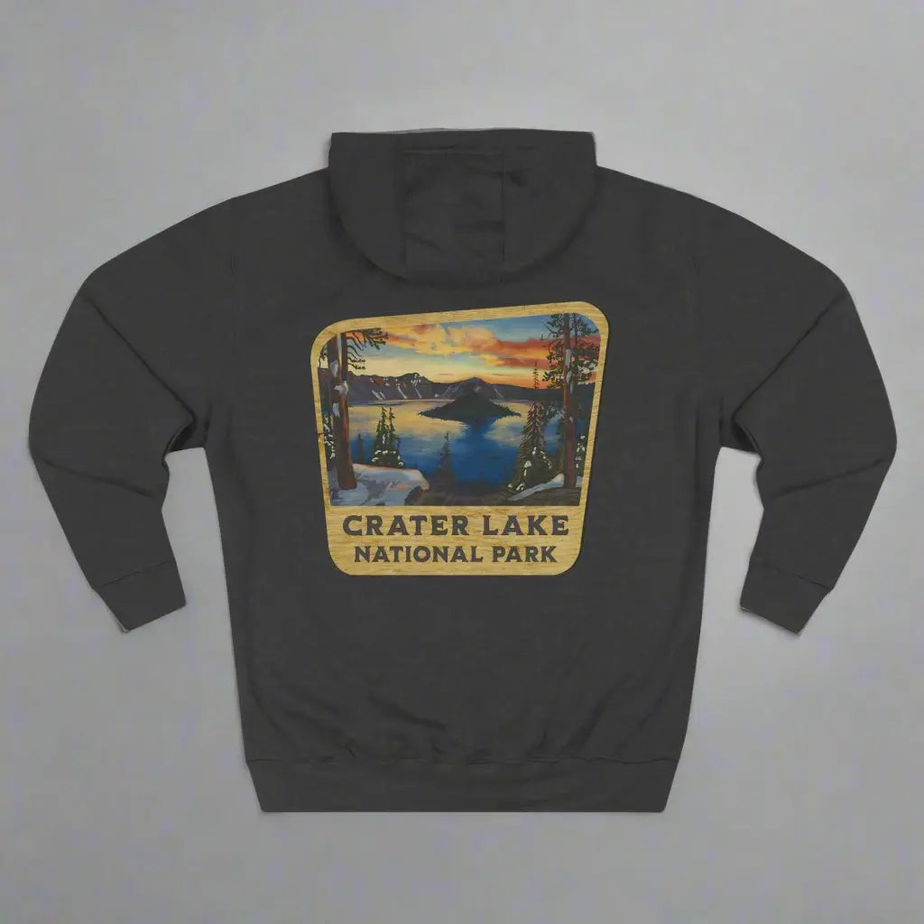 Crater Lake National Park Unisex Fit Fleece Hoodie Scenic View Graphic Wooden Mountain Sign