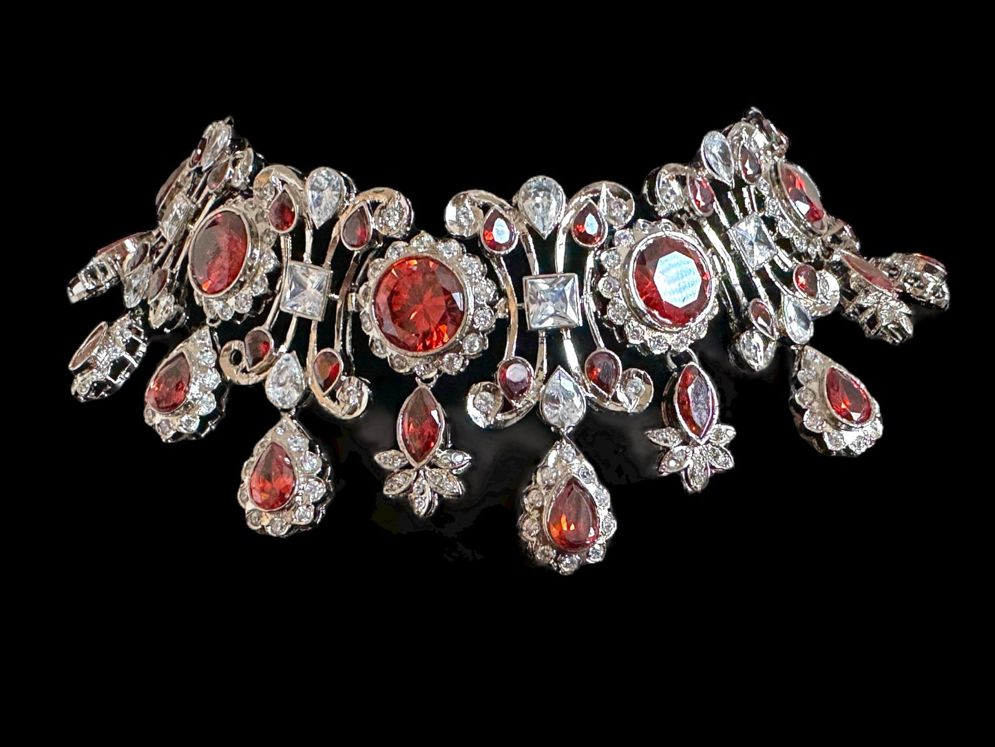 BR485 High quality cz necklace set with tika - coral / orange , silver plated ( READY TO SHIP )