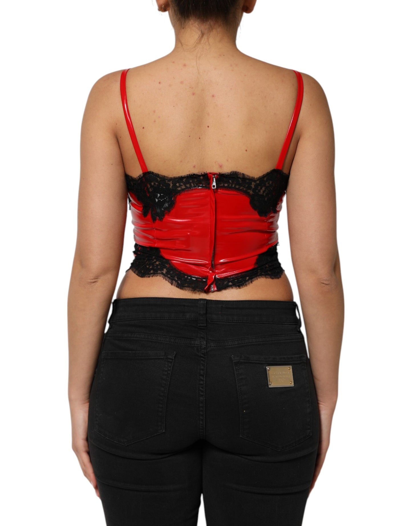 Dolce & Gabbana Red Black Lace Trim Polyester Sleeveless Tank Top