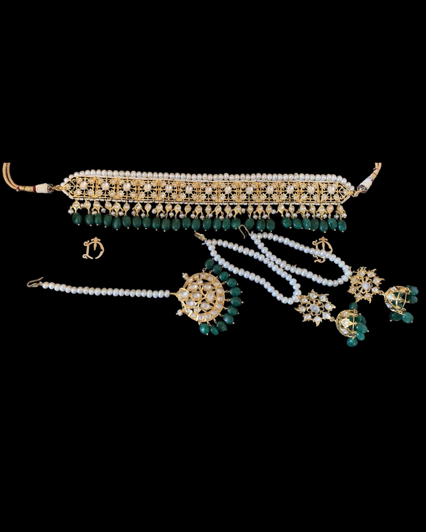 Jadavi lacha in fresh water pearls emeralds beads ( SHIPS IN 2 WEEKS )