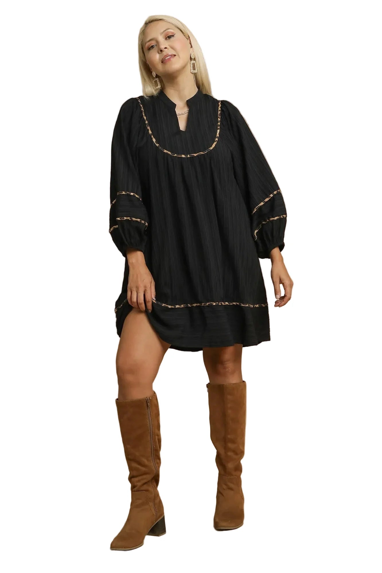 Full Size Textured Babydoll Dress with Leopard Trim Plus Size