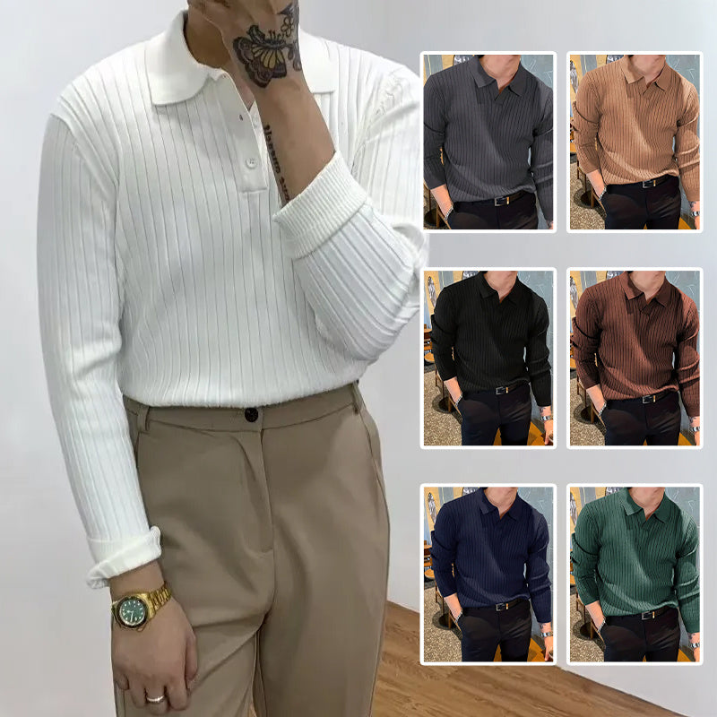 Textured Long Sleeve Polo Shirt - Slim Fit Ribbed Knit Polyester