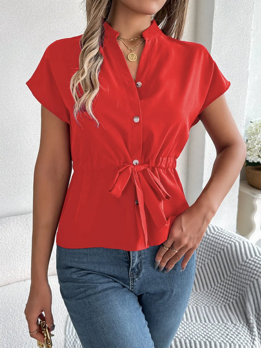 Notched Short Sleeve Blouse