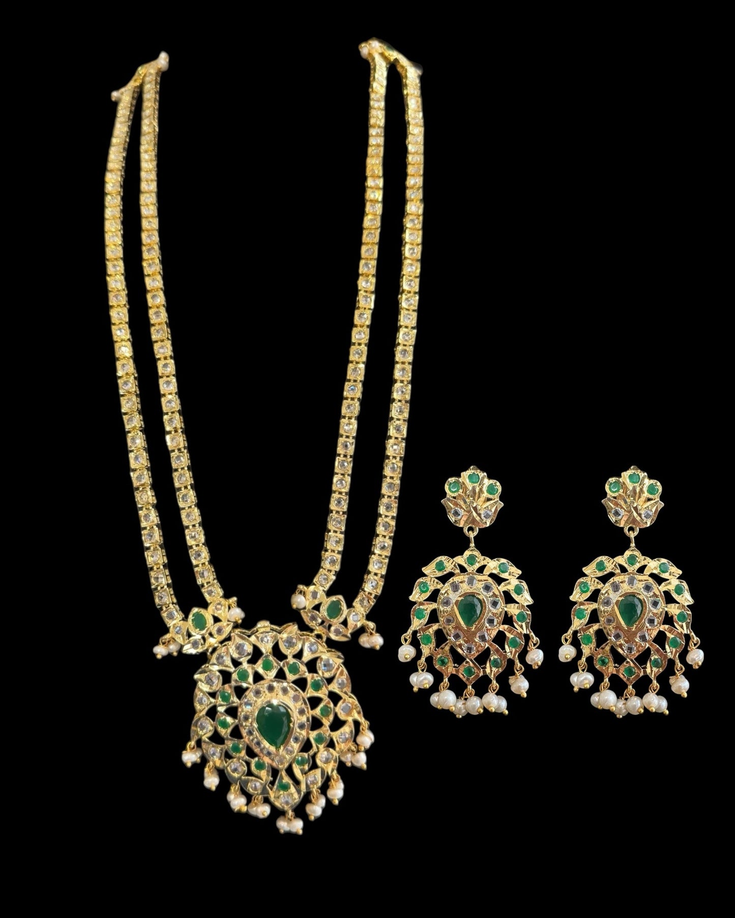 DLN130 Alvira Polki Rani haar with earrings in green ( SHIPS IN 3 WEEKS )