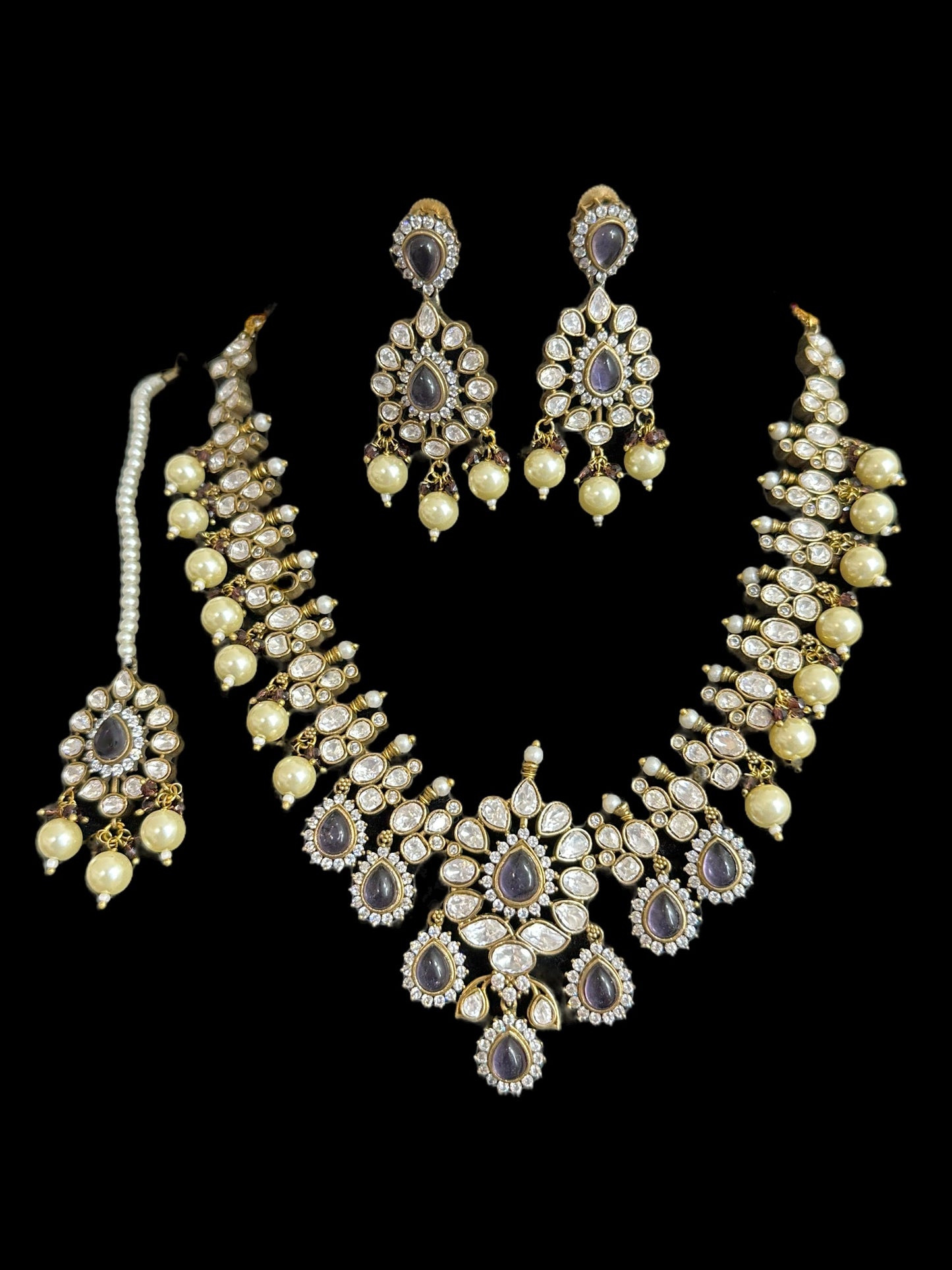 BR302 High quality Polki necklace set with tika - purple ( READY TO SHIP )