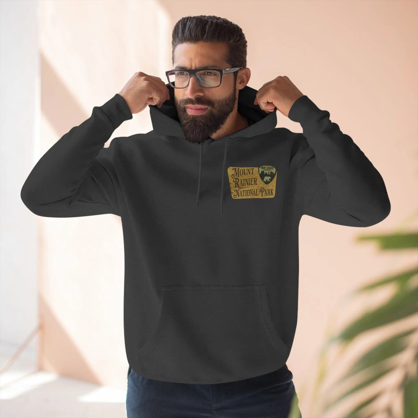 Mount Rainier National Park Fleece Hoodie Unisex Fit Scenic Wooden Mountain Sign