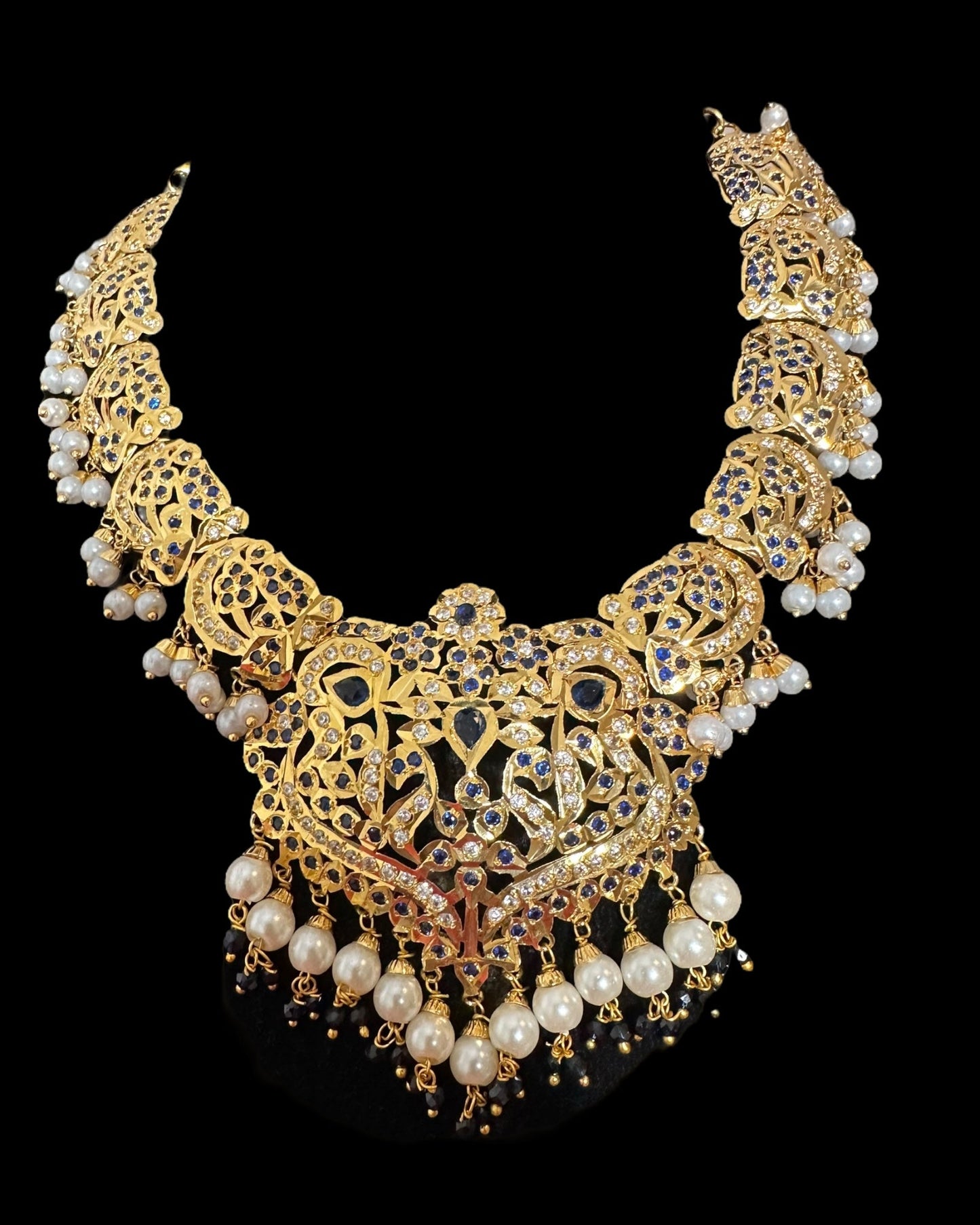 DNS204 Neeli jadau necklace with earrings tika in sapphire zircon(READY TO SHIP )