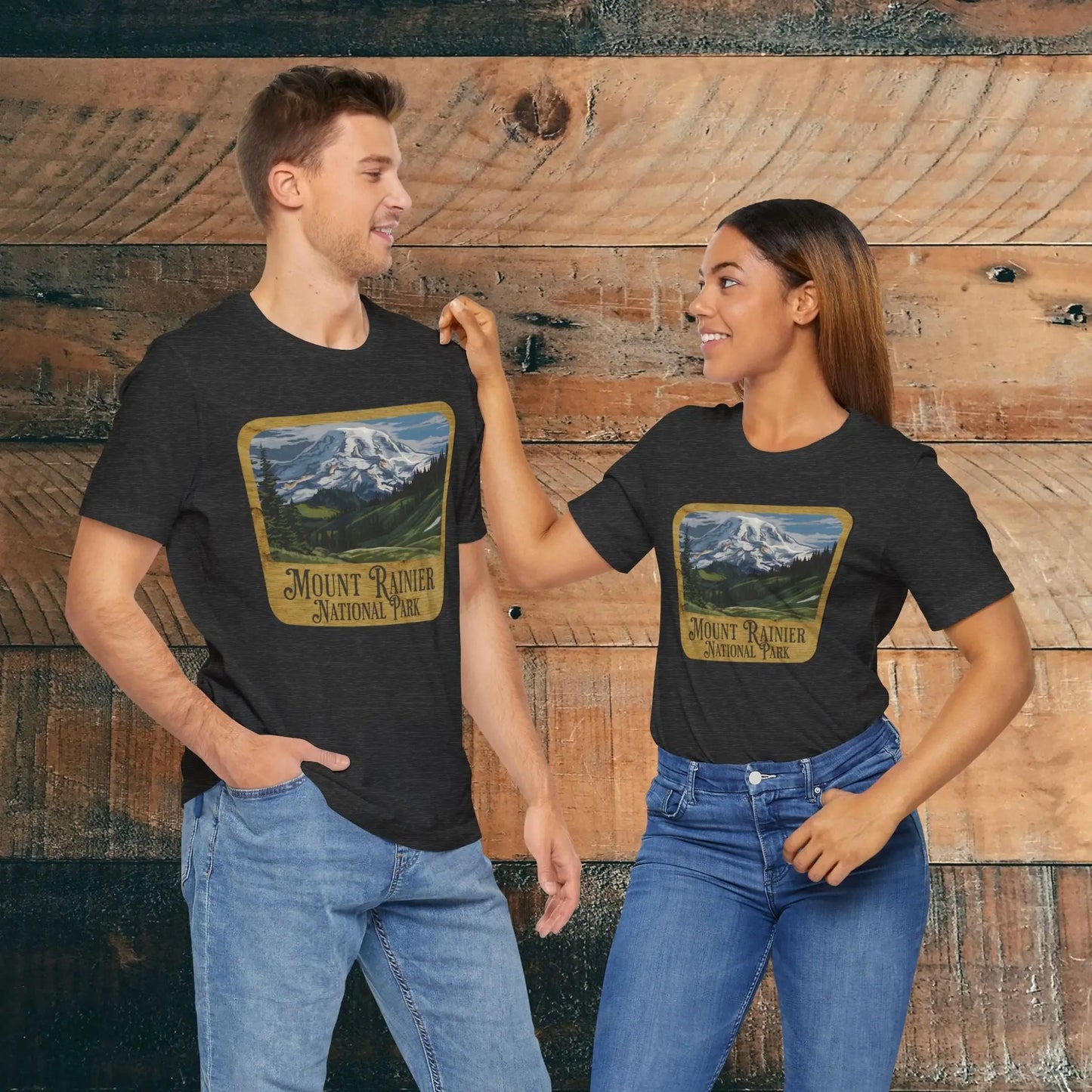 Mount Rainier National Park Unisex Fit Short Sleeve T-Shirt Wood Sign