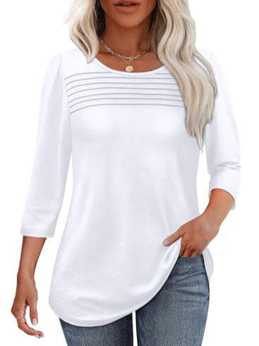 Soft Pleated 3/4 Sleeve Top - Polyester Blend Round Neck Pullover
