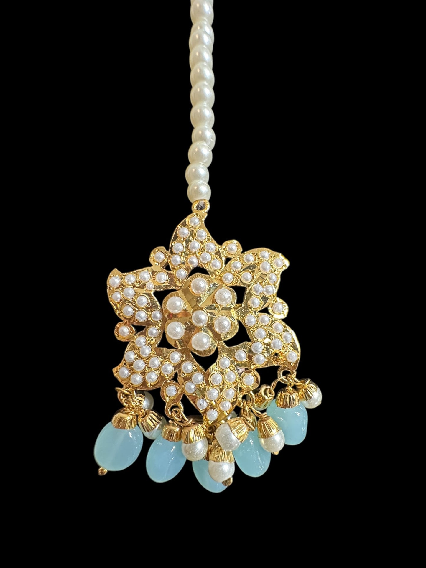 DJET64 Iza Jadau tops and tika set in pearls with mint blue beads ( READY TO SHIP )
