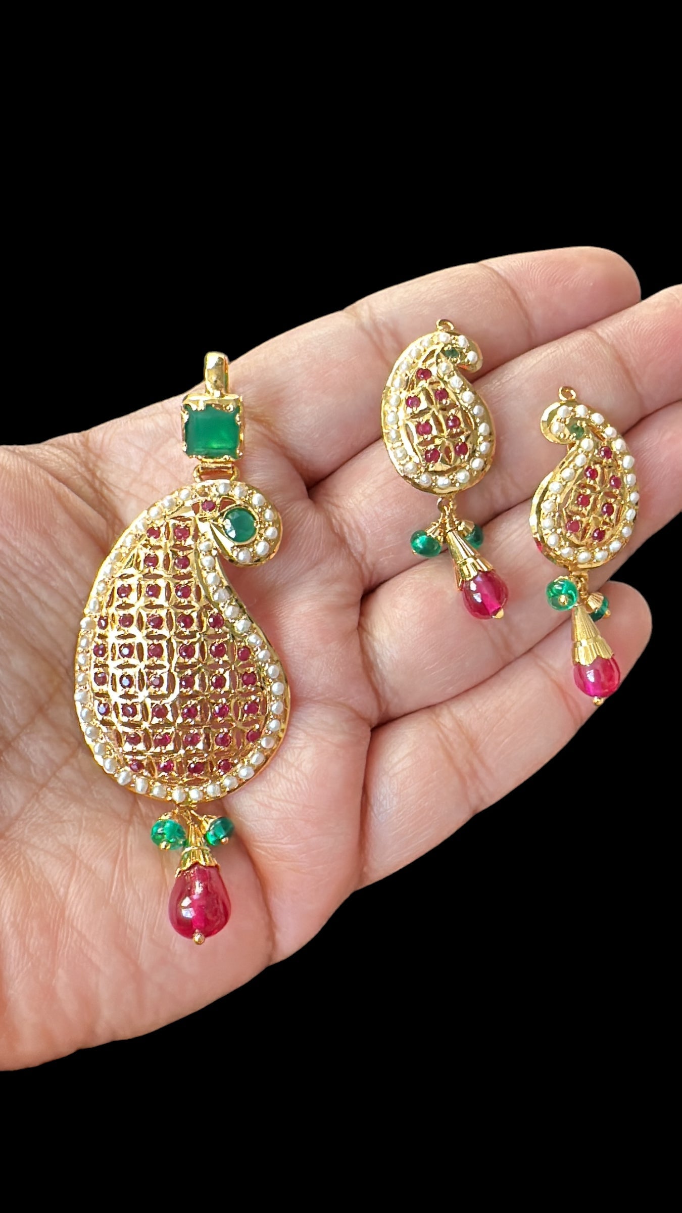 Gold‑Plated Jadau Silver Pendant Set in Ruby & Emeralds
( SHIPS IN 4 WEEKS )