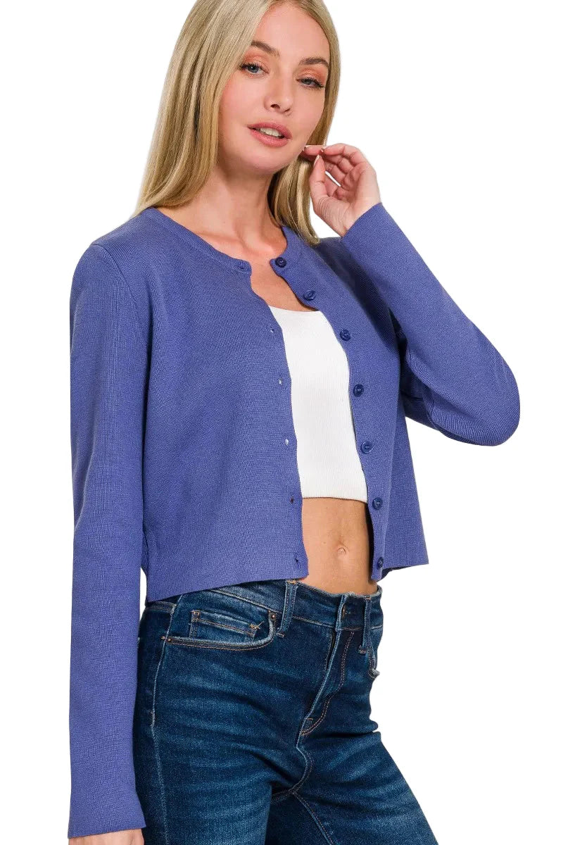 Button-Front Crewneck Long Sleeve Cropped Cardigan