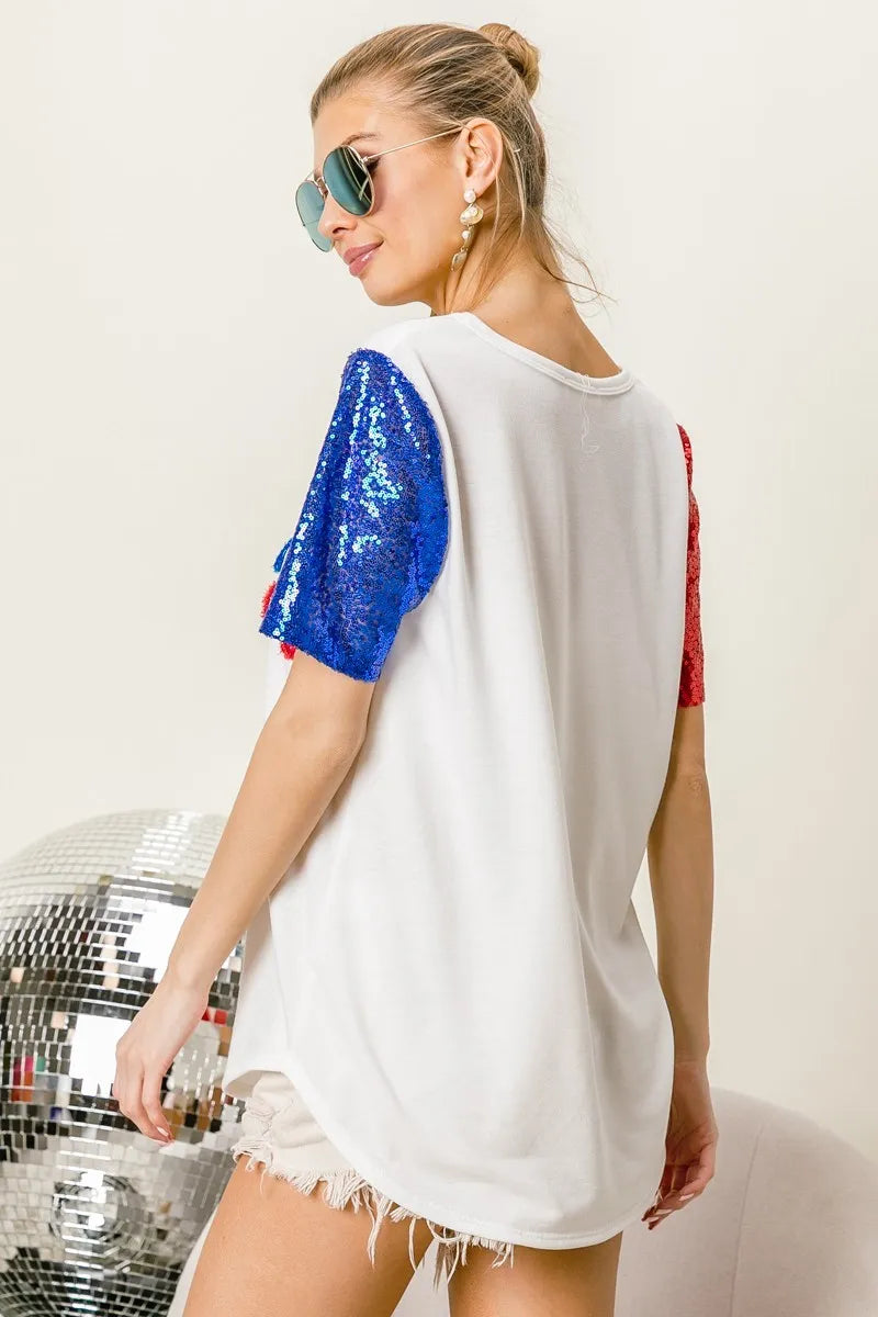 BiBi Metallic Letter V-neck Sequin Sleeves Top