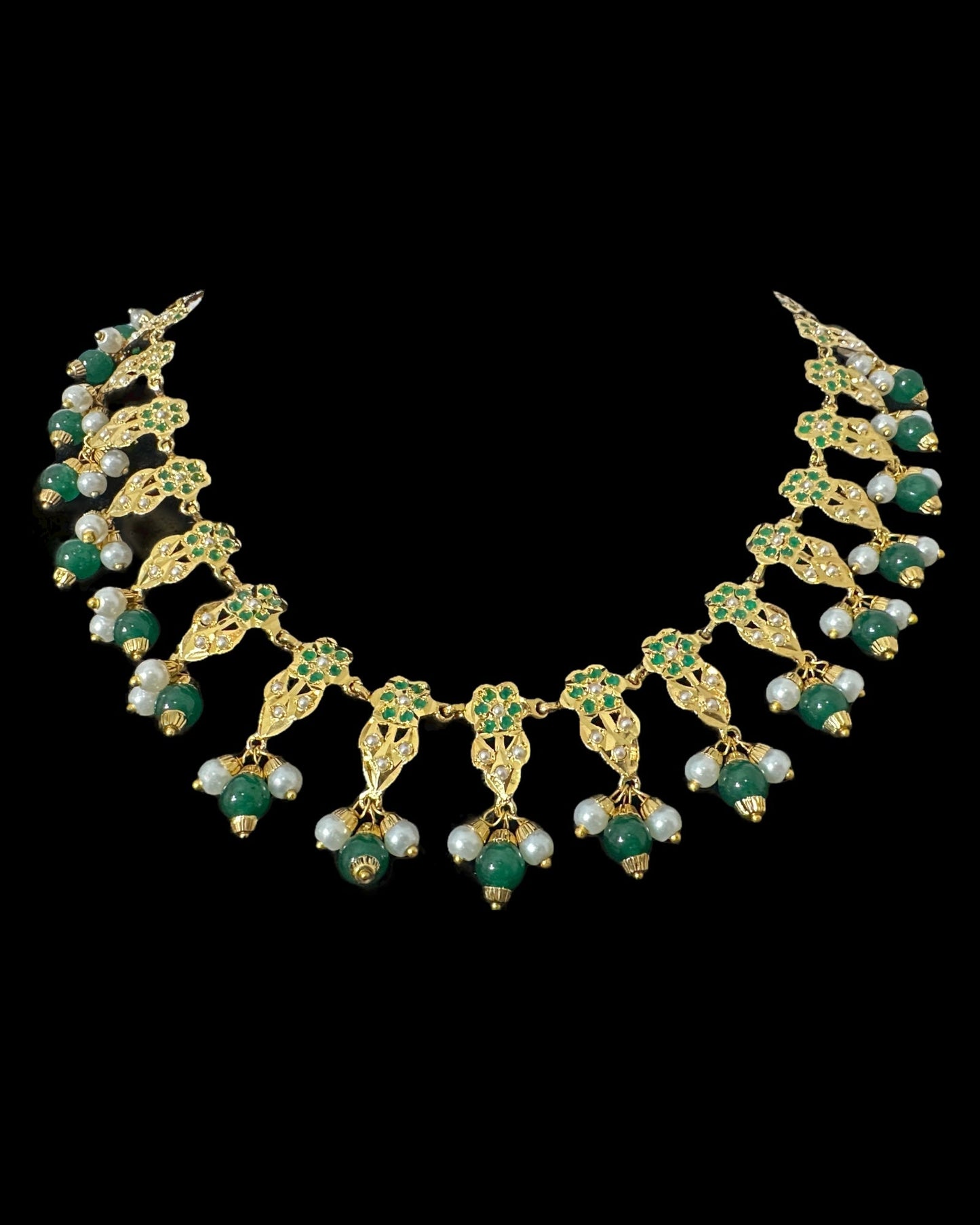 DNS194 Alea punjabi Jadau necklace set - Emerald / Green (READY TO SHIP)