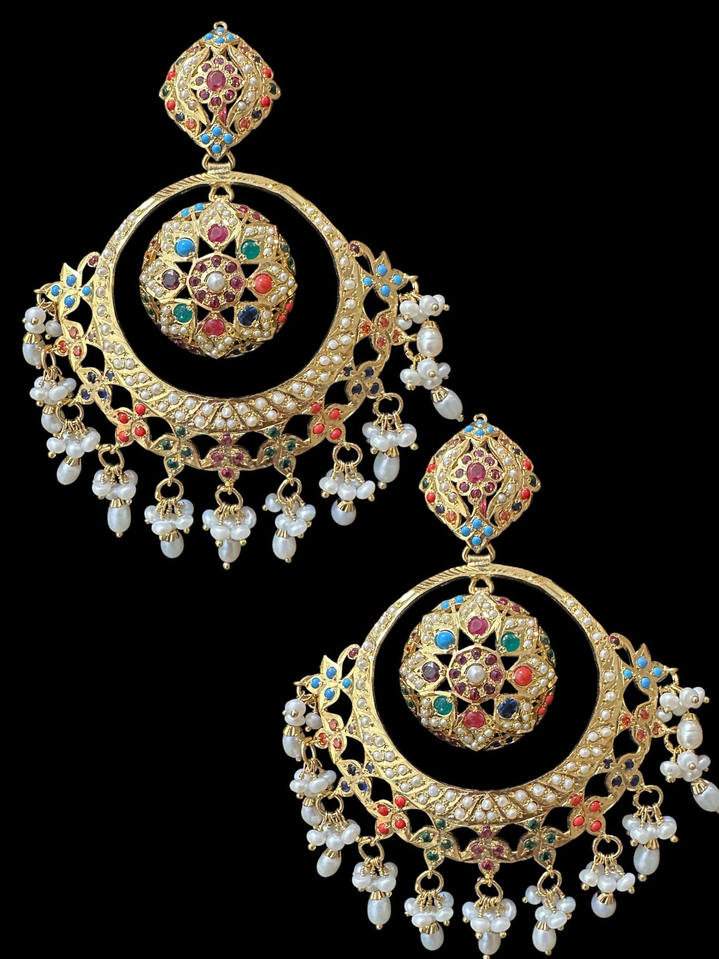 92.5 Silver Gold-Plated Earrings in Navratan with Freshwater Pearls – Handcrafted Jadau chandbali
(READY TO SHIP )