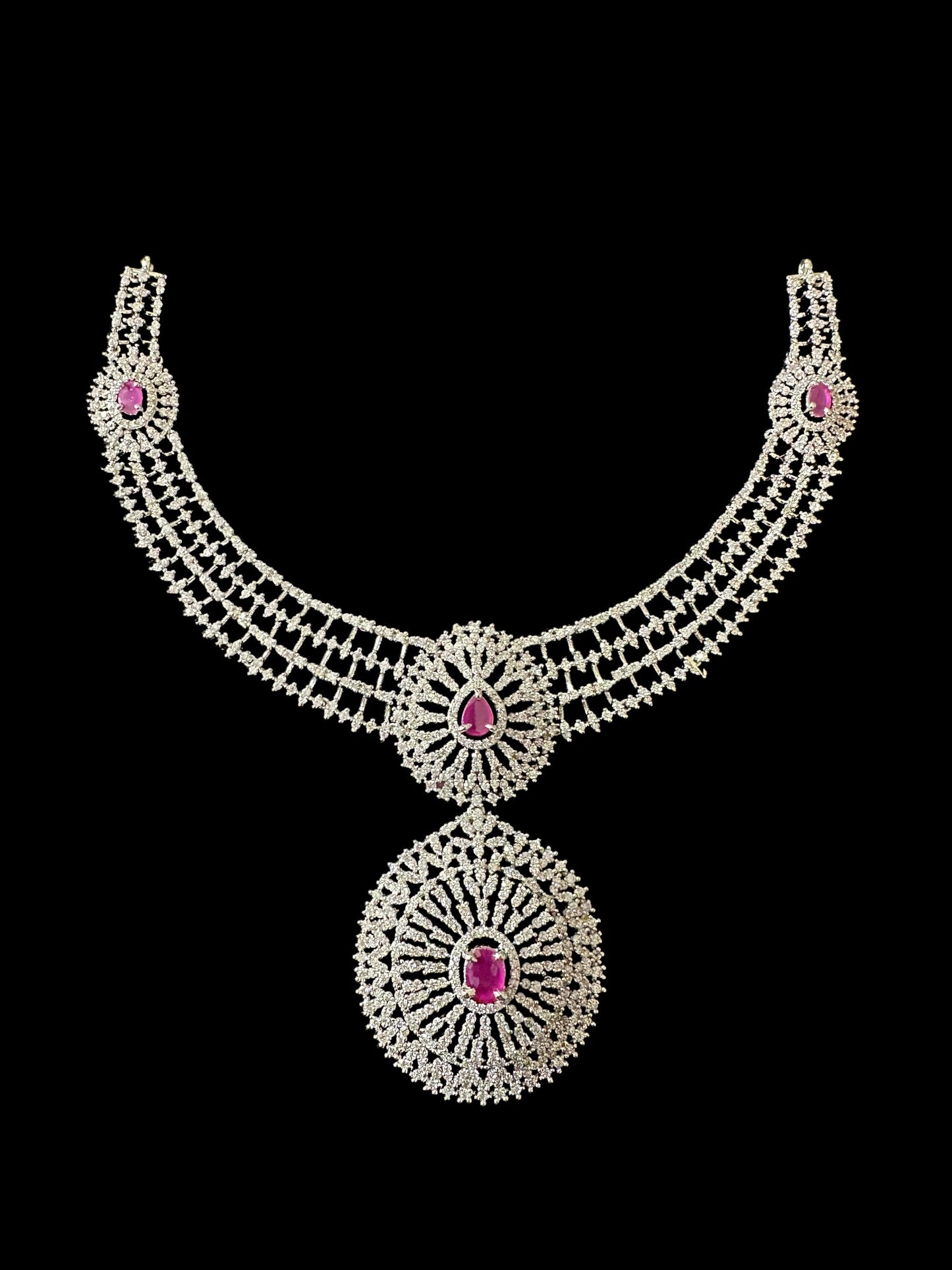 DNS172 Cz necklace set with earrings tika silver plated - Ruby centre stone (READY TO SHIP)