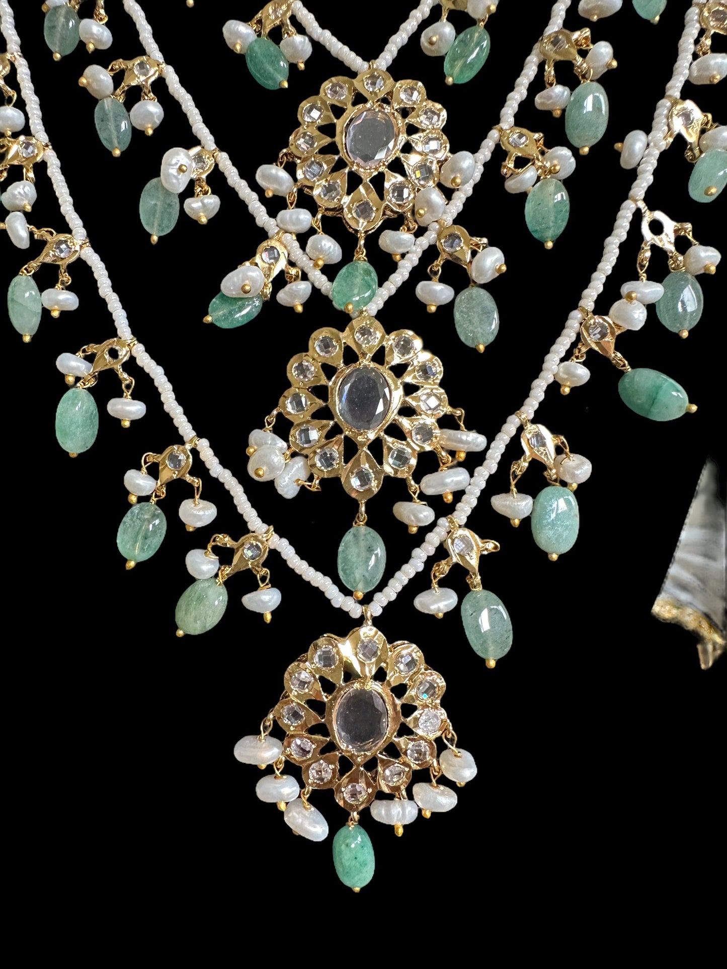 SAT90 GOLD PLATED SATLADA WITH FRESH WATER PEARLS AND EMERALD BEADS ( READY TO SHIP )