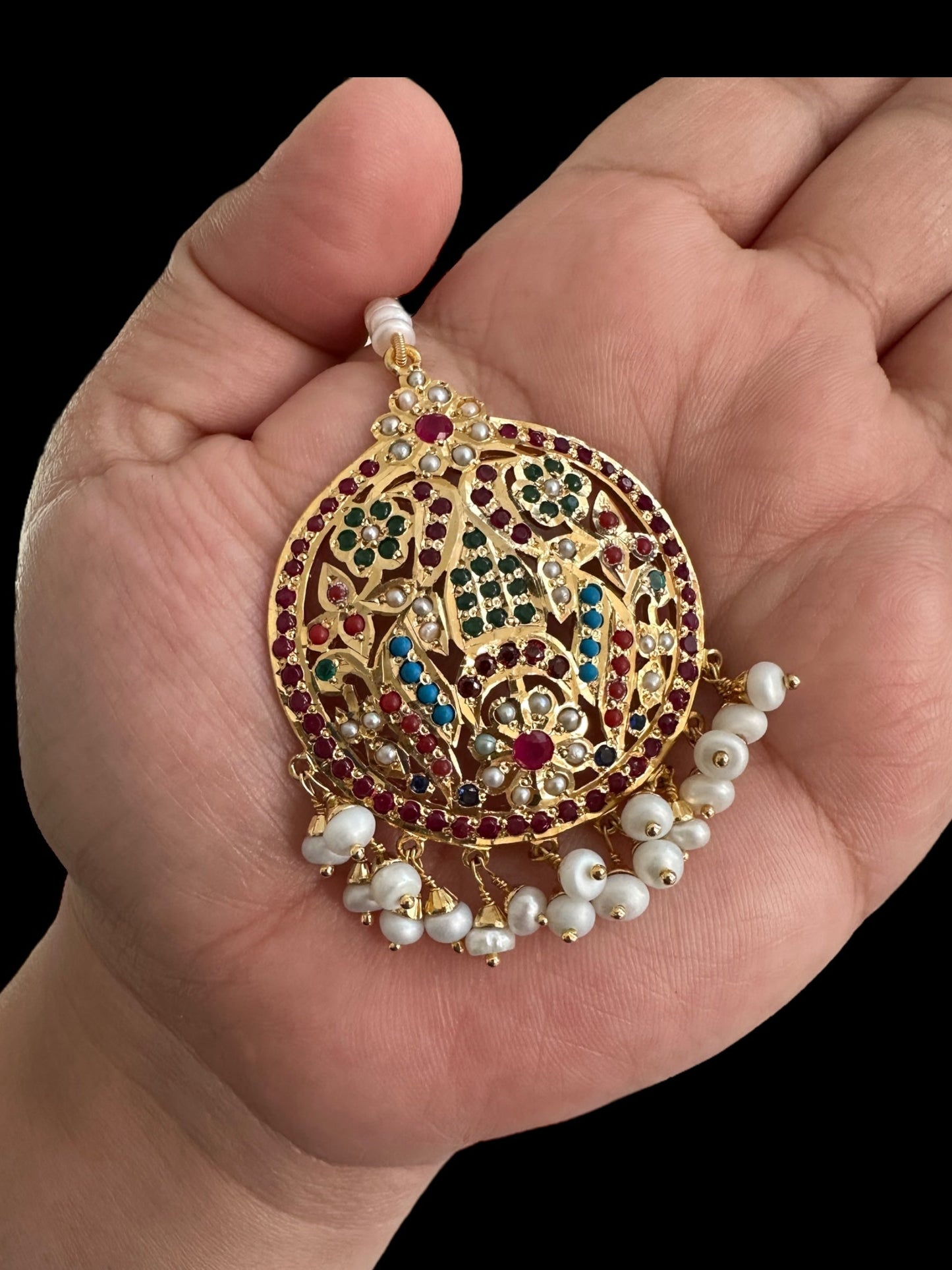 Navratan tika in silver with fresh water pearls - gold plated ( READY TO SHIP )