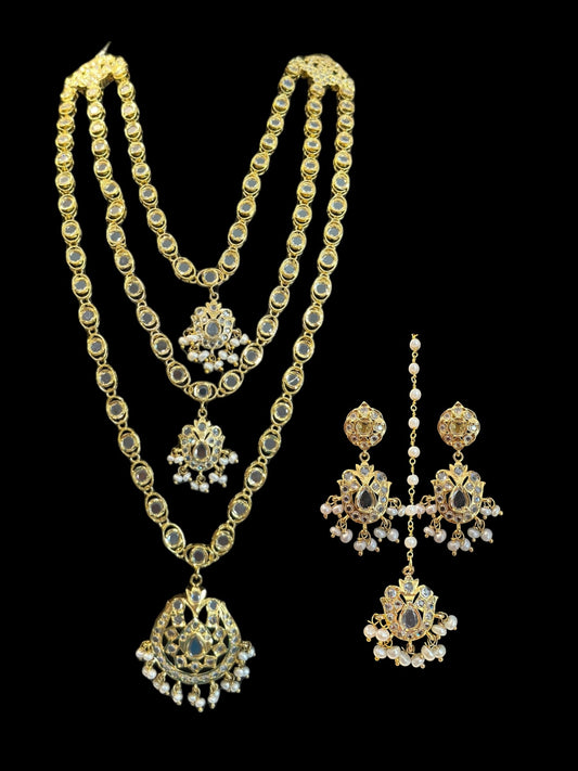 SAT105 Mallika hyderabadi three layer necklace set in fresh water pearls ( READY TO SHIP )