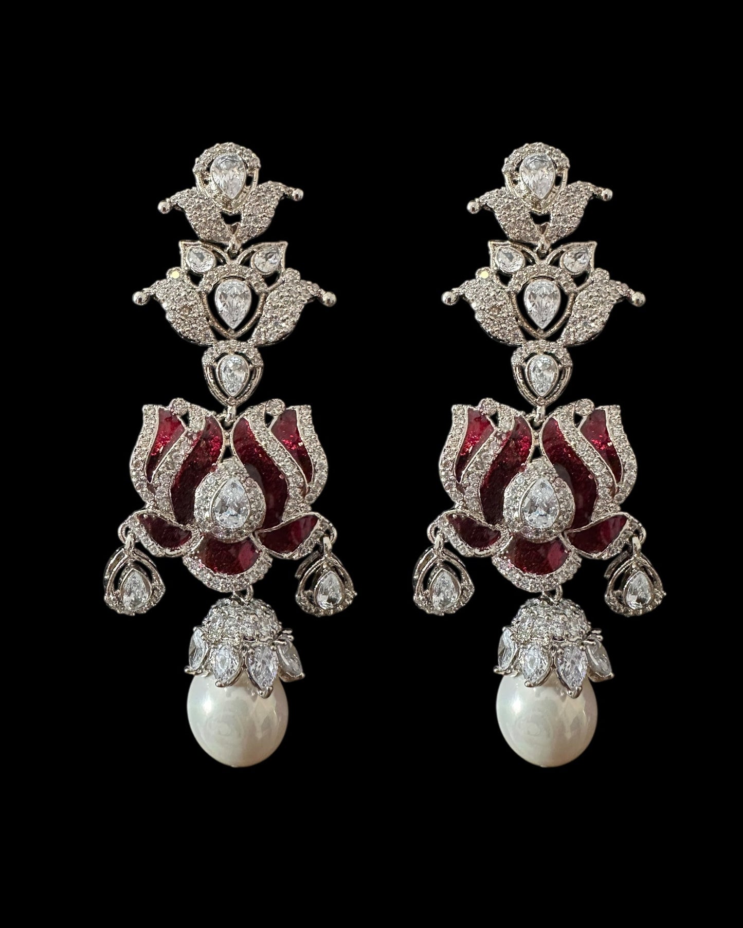 DER809 Lotus Cz earrings -Maroon ( READY TO SHIP )