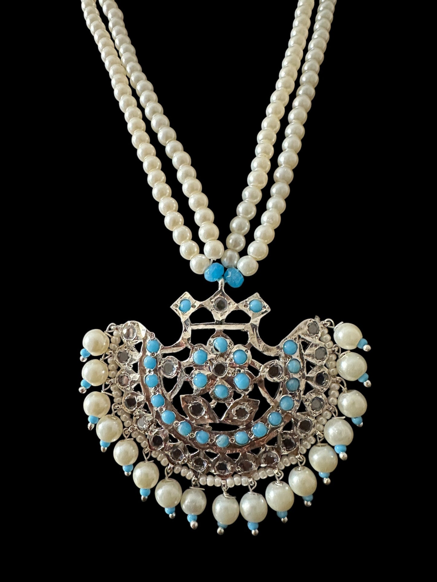 Turquoise / feroza hyderabadi silver plated pendant set with pearls ( READY TO SHIP )
