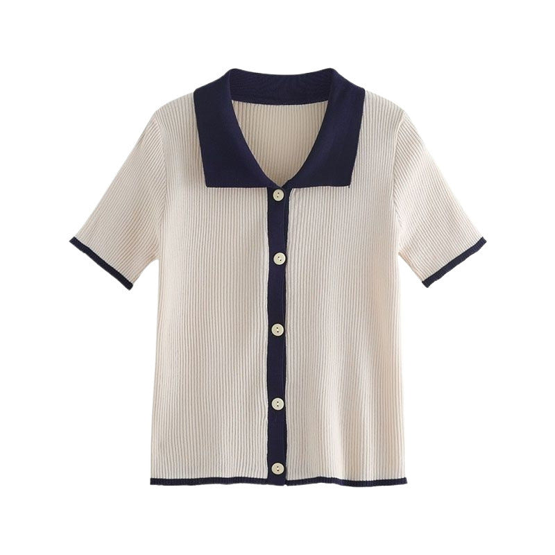 Ice Silk Contrast Collar Knit Top - Ribbed Short Sleeve Pullover