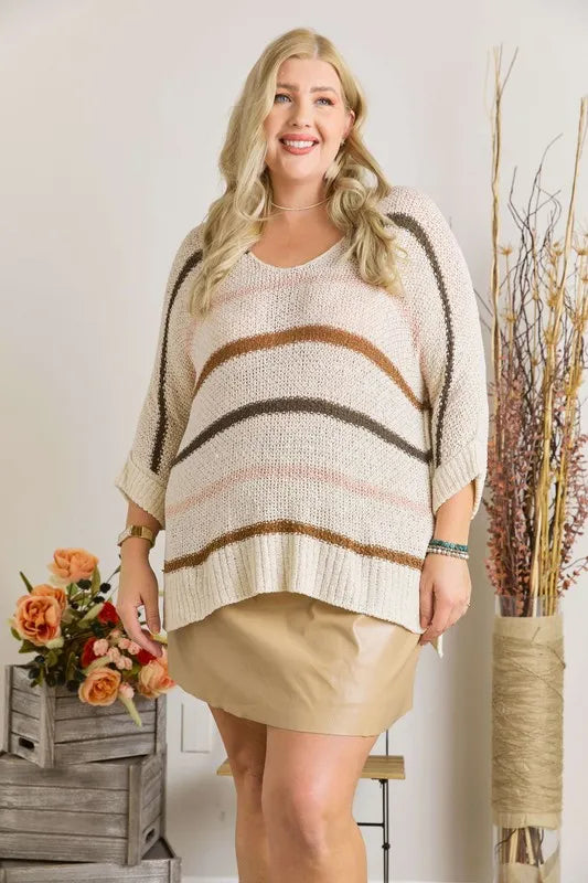 ADORA Full Size Multi Color Strip Sweater Plus Size
