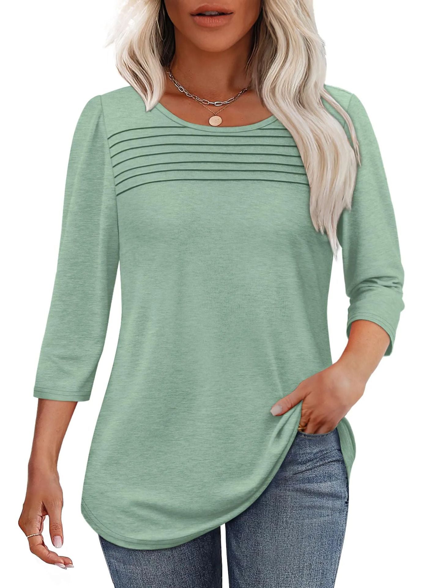 Soft Pleated 3/4 Sleeve Top - Polyester Blend Round Neck Pullover