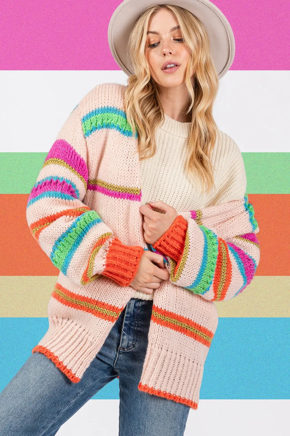 SAGE FIG Rainbow Striped Open Front Knit Cardigan