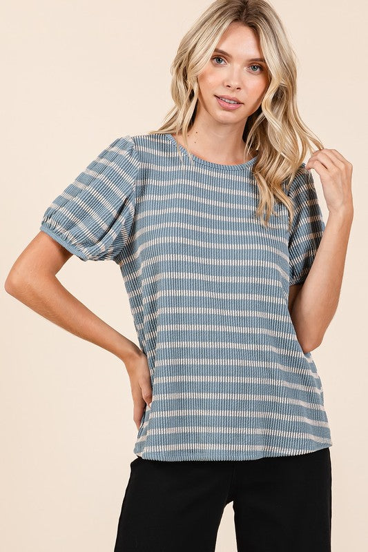 Mittoshop Contrast Striped Short Puff Sleeve Knit Top