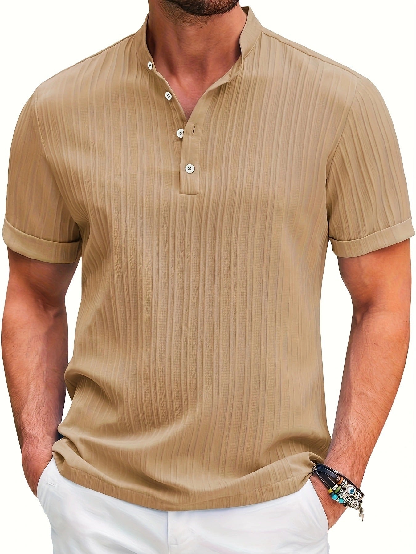 Lightweight Stripe Stand Collar Polo Shirt - Acetate Polyester