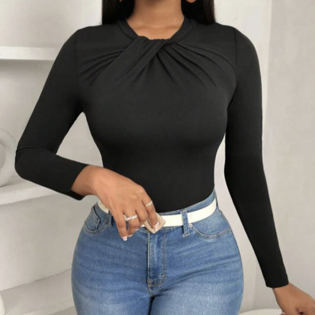 Lightweight Polyester Pleated Collar Slim Fit Long Sleeve Top