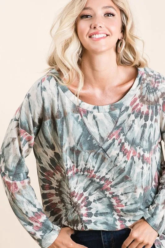 BiBi Tie Dye Terry Top with Contrast Stitching